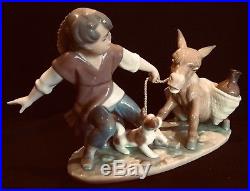 Lladro #5178 Boy And Dog Pulling Stubborn Donkey Nib