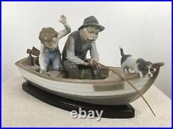 Lladro #5215 Fishing With Grandpa Porcelain Figurine Boy, Dog, Boat, Gramps Dad