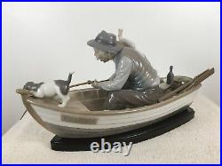 Lladro #5215 Fishing With Grandpa Porcelain Figurine Boy, Dog, Boat, Gramps Dad