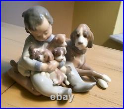 Lladro 5456 New Playmates Figurine Spain Boy Puppies Dog