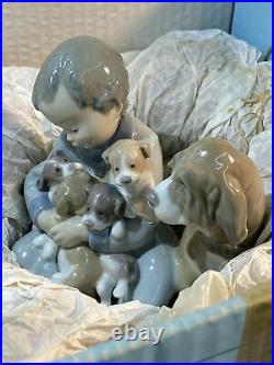 Lladro 5456 New Playmates Figurine Spain Boy Puppies Dog