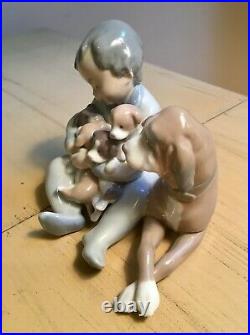 Lladro 5456 New Playmates Figurine Spain Boy Puppies Dog