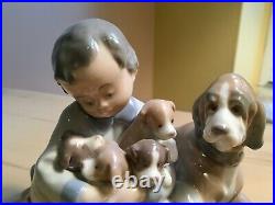 Lladro 5456 New Playmates Figurine Spain Boy Puppies Dog