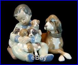 Lladro 5456 New Playmates Figurine Spain Boy Puppies Dog Mint
