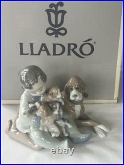 Lladro #5456'New Playmates' Young Boy with Dog Holding 4 Puppies Figurine MIB