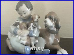 Lladro #5456'New Playmates' Young Boy with Dog Holding 4 Puppies Figurine MIB