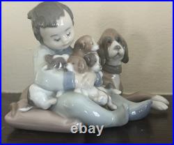 Lladro #5456'New Playmates' Young Boy with Dog Holding 4 Puppies Figurine MIB