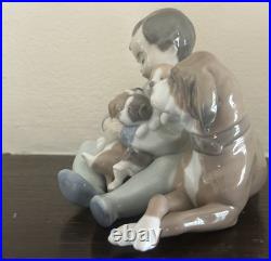 Lladro #5456'New Playmates' Young Boy with Dog Holding 4 Puppies Figurine MIB