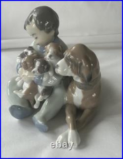 Lladro #5456'New Playmates' Young Boy with Dog Holding 4 Puppies Figurine MIB