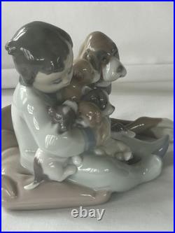 Lladro #5456'New Playmates' Young Boy with Dog Holding 4 Puppies Figurine MIB