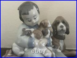 Lladro #5456'New Playmates' Young Boy with Dog Holding 4 Puppies Figurine MIB