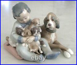 Lladro 5456 New Playmates boy w 4 puppies & Momma dog looking on MIB, RV$415