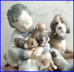 Lladro 5456 New Playmates boy w 4 puppies & Momma dog looking on MIB, RV$415
