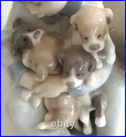 Lladro 5456 New Playmates boy w 4 puppies & Momma dog looking on MIB, RV$415