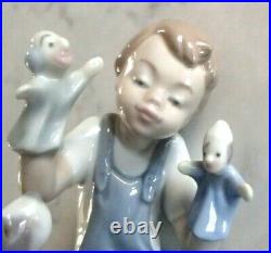 Lladro 5736 Puppet Show boy w puppets, puppy dog & 2 kitty cats MIB, RV$375