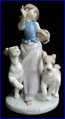 Lladro # 5761 Out for a Romp A Girl, Her Two Dogs & A Basket Of Flowers