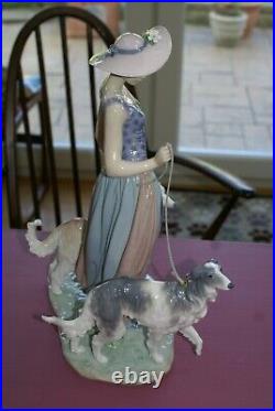 Lladro #5802 Elegant Promenade Lady Walking Two Dogs Afghan and Borzhoi Retired