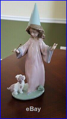 Lladro 6170 Under My Spell Fairy Girl using Wand on Puppy Dog