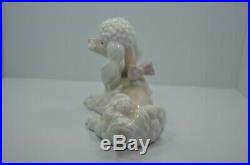 Lladro 6337 Poodle Puppy Dog Laying Down with Pink Collar Bow -MSRP New $340