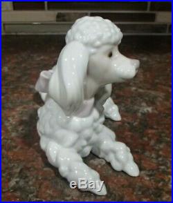 Lladro 6337 Poodle puppy dog laying down with pink collar bow MWOB, RV$340