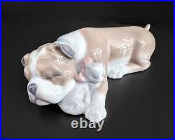 Lladro #6417 Unlikely Friends Bulldog & Cat Porcelain Figurine Retired Dog Nap