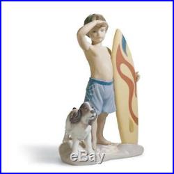 Lladro 8110 Surf's up Boy and his Dog with a Surfboard 01008110 New