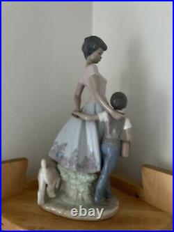 Lladro Black Legacy Ready to Learn Mom & School Boy Dog Glazed Figurine Rare