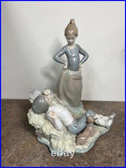 Lladro Boy Sleeping in Hay with Dog and Girl 10 Inch Tall Figurine