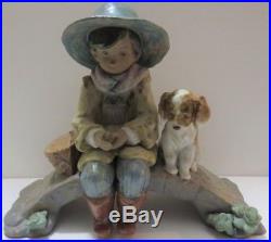 Lladro Boy with Dog fishing on Bridge Figurine