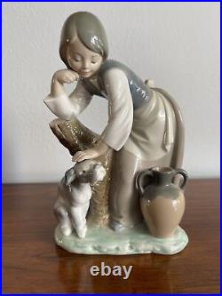 Lladro Caress And Rest Girl Petting Dog, Porcelain Figurine #86, Mint