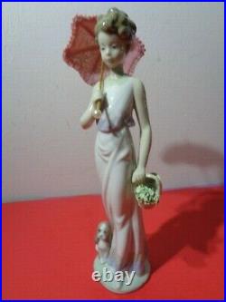 Lladro Classic Garden Lady # 7617 Lady With parasol & Dog & Basket Figurine