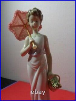 Lladro Classic Garden Lady # 7617 Lady With parasol & Dog & Basket Figurine