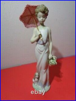 Lladro Classic Garden Lady # 7617 Lady With parasol & Dog & Basket Figurine