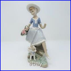 Lladro Country Lass With Dog And Basket Of Flowers Porcelain Figurine 1004920