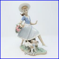 Lladro Country Lass With Dog And Basket Of Flowers Porcelain Figurine 1004920