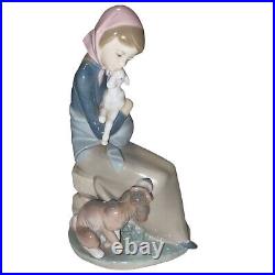 Lladro Devotion Jealousy Figurine Girl WithLamb & Dog Glossy Porcelain 1278