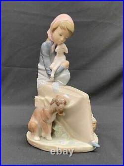 Lladro Devotion Jealousy Figurine Girl w Lamb & Dog Glossy Porcelain 1278 Mint