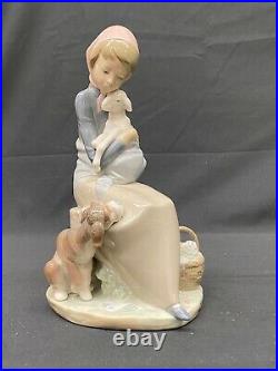 Lladro Devotion Jealousy Figurine Girl w Lamb & Dog Glossy Porcelain 1278 Mint