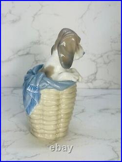 Lladro Dog in the Basket #1128 Basset Hound in Tall Basket Retired Vintage 1970s