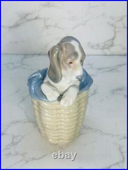 Lladro Dog in the Basket #1128 Basset Hound in Tall Basket Retired Vintage 1970s