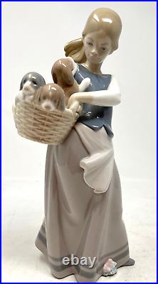 Lladro Figurine 1311 Girl With Basket of Puppies on Hip NO Box Retired 1996 H9.7