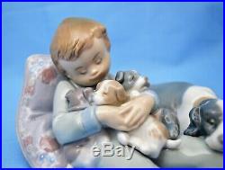 Lladro Figurine #1535 Sweet Dreams Figurine Boy With Dogs Puppies