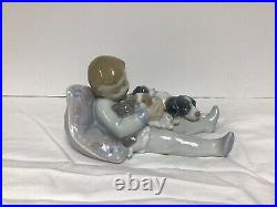 Lladro Figurine #1535 Sweet Dreams Young Boy Sleeping with Mother Dog & Puppies