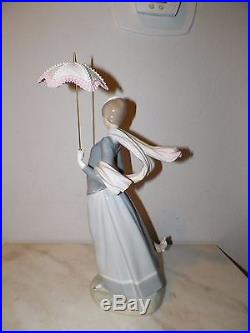 Lladro Figurine 4914 Woman With Dog Shawl & Umbrella 18 Tall With Box