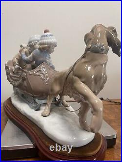 Lladro Figurine #5037 Sleigh Ride Boys in Sleigh Pulled by Dog 11 Tall