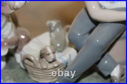 Lladro Figurine 5376 HE'S MINE Boy Mama Dog Basket Puppies Retired Mint