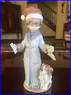 Lladro Figurine #6166 Dear Santa Boy with Santa Hat, Letter & Dog MINT