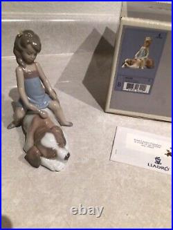 Lladro Figurine #6229 Contented Companion Girl Brushing Dog St Bernard Mib