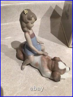 Lladro Figurine #6229 Contented Companion Girl Brushing Dog St Bernard Mib