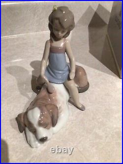 Lladro Figurine #6229 Contented Companion Girl Brushing Dog St Bernard Mib